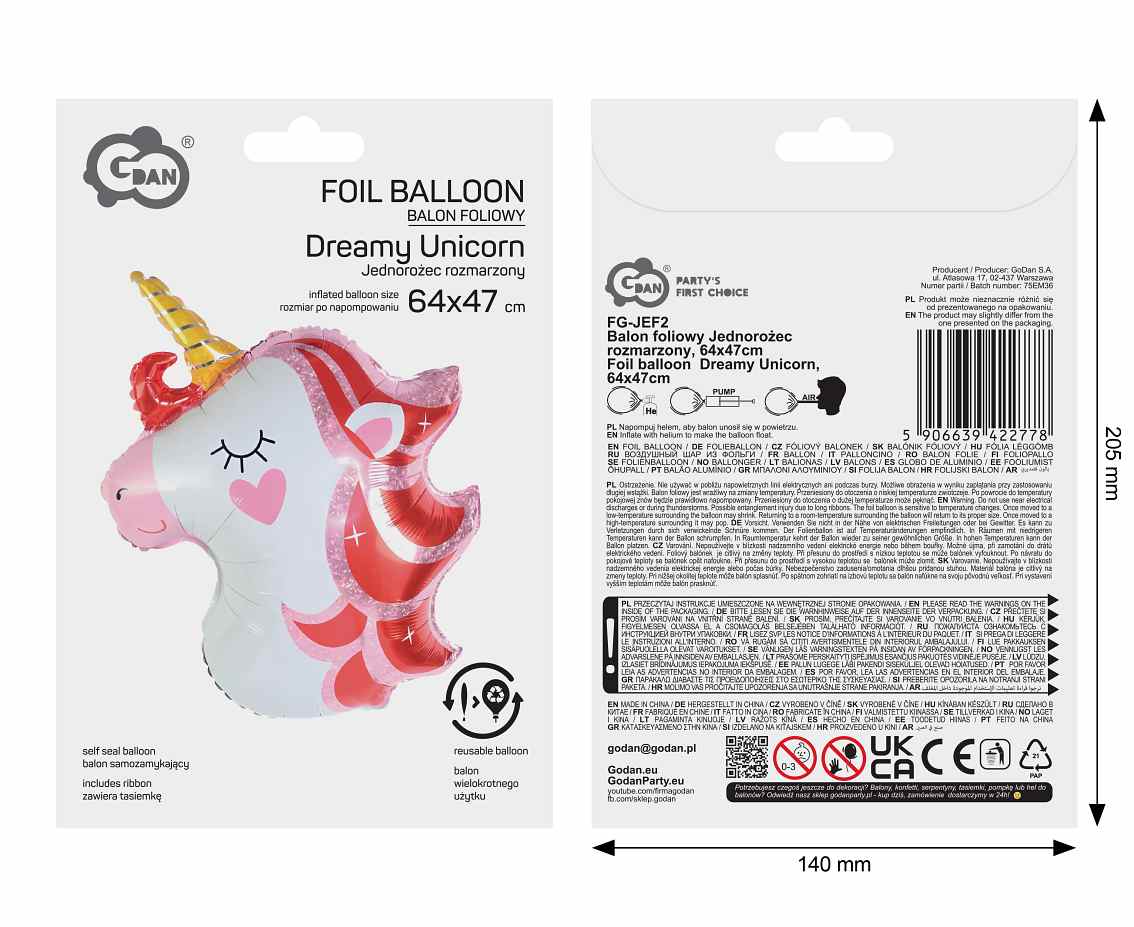 Balon foliowy Jednorożec rozmarzony 64x47cm FG-JEF2 GoDan